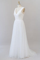 Open Back V-neck Lace Tulle A-line Wedding Dress