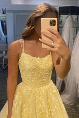 Open Back Yellow Lace Long Prom Dress Aline Lace Formal Evening Dress