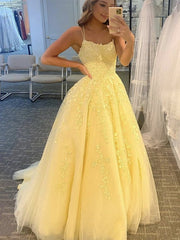 Open Back Yellow Lace Long Prom Dress Aline Lace Formal Evening Dress