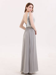 Sequins and Chiffon Dress with Slit-Silver
