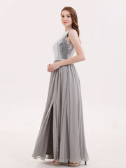 Sequins and Chiffon Dress with Slit-Silver