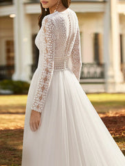 Beach Boho Wedding Dresses A-Line V Neck Long Sleeve Court Train Lace Bridal Gowns With Split Front