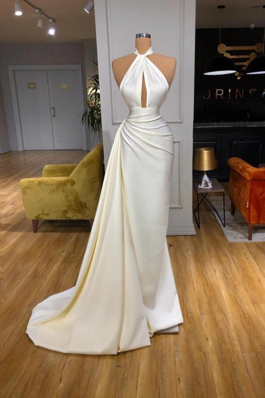 Ivory Halter Neck Mermaid Evening Gown Ruffle Satin Prom Dress