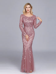 Mermaid / Trumpet Empire Elegant Party Wear Formal Evening Valentine's Day Dress Jewel Neck Long Sleeve Floor Length Tulle with Embroidery 2024 / Illusion Sleeve