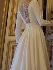 Aimishang Engagement Formal Fall Wedding Dresses A-Line Scoop Neck Long Sleeve Floor Length Satin Bridal Gowns With Sashes / Ribbons Buttons Summer Wedding Party