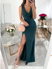Women‘s Prom Dress Wedding Guest Party Dress Homecoming Dress Sheath Dress Long Dress Maxi Dress Black Red Green Sleeveless Pure Color Backless Summer Spring V Neck Party Evening