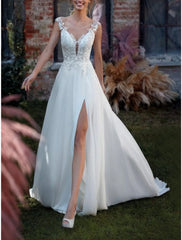 Wholesale Beach Formal Wedding Dresses A-Line V Neck Sleeveless Court Train Lace Bridal Gowns With Pleats Split Front