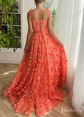 Orange 3D Flower Prom Dresses with Pockets Floral Gown with Slit TO015