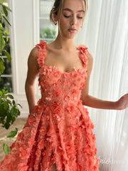 Orange 3D Flower Prom Dresses with Pockets Floral Gown with Slit TO015