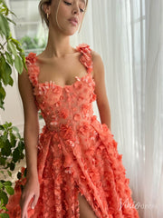 Orange 3D Flower Prom Dresses with Pockets Floral Gown with Slit TO015