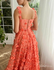 Orange 3D Flower Prom Dresses with Pockets Floral Gown with Slit TO015
