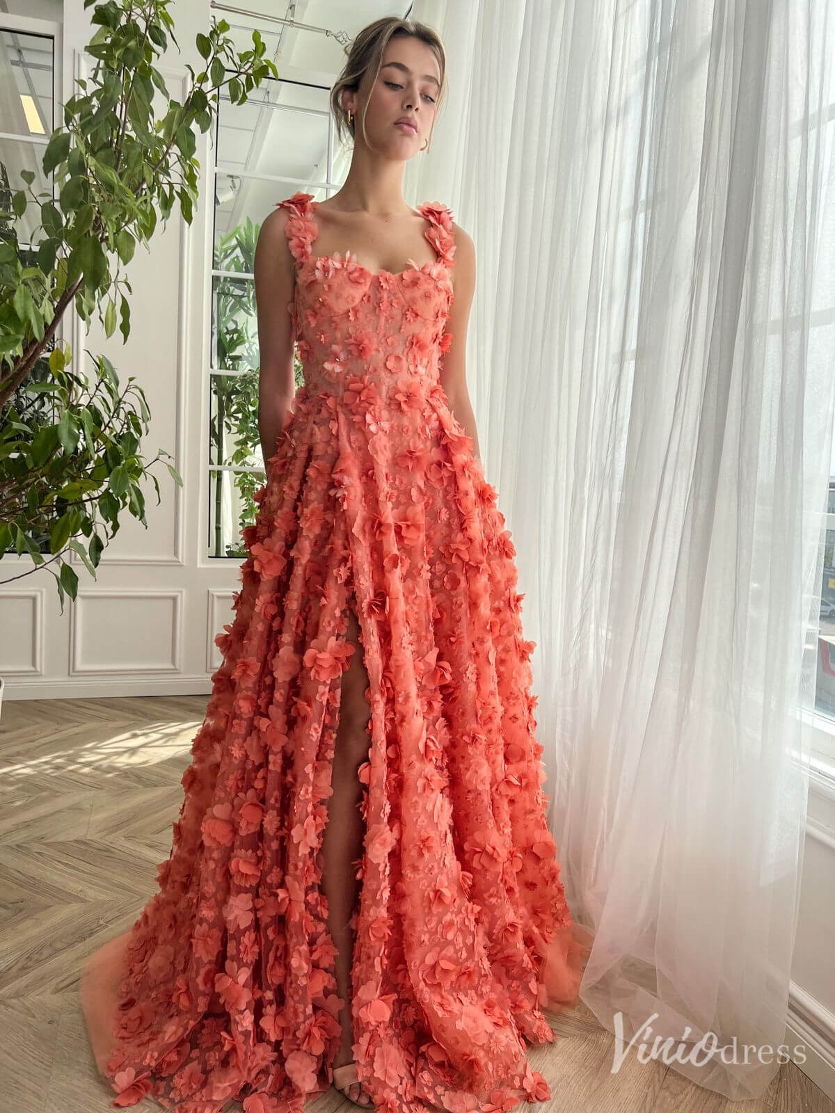 Orange 3D Flower Prom Dresses with Pockets Floral Gown with Slit TO015
