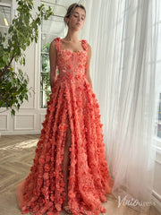 Orange 3D Flower Prom Dresses with Pockets Floral Gown with Slit TO015