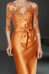 Bateau 3/4 Long Sleeves Satin Mother of the Bride Dresses with Lace