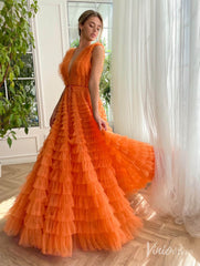 Orange Ruffled Tulle Prom Dresses with Belt Plunging V-Neck Formal Dress TO030