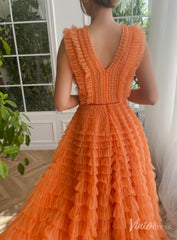 Orange Ruffled Tulle Prom Dresses with Belt Plunging V-Neck Formal Dress TO030