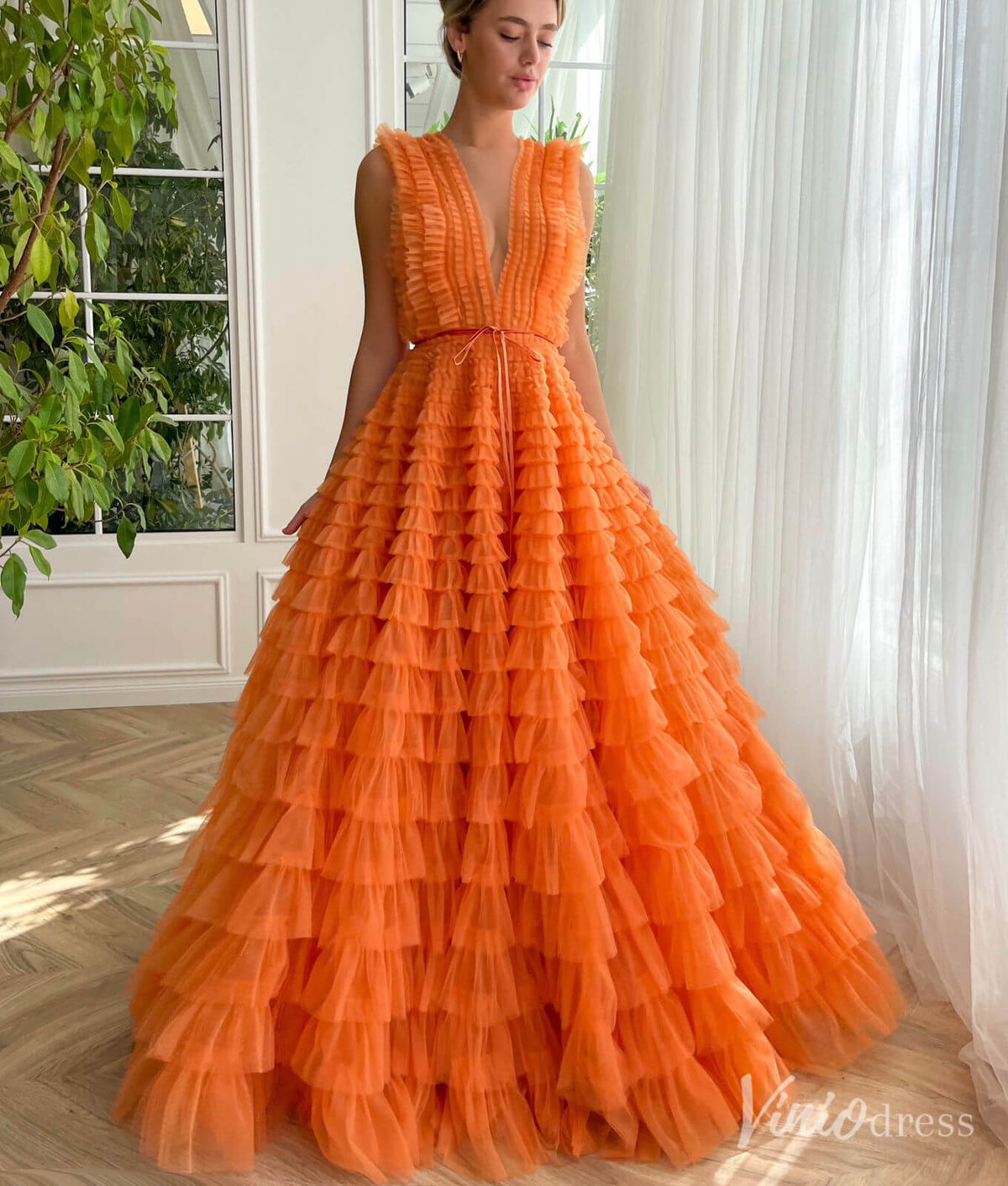 Orange Ruffled Tulle Prom Dresses with Belt Plunging V-Neck Formal Dress TO030