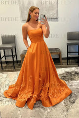Strapless Light Blue Satin Prom Dresses 3D Flowers A-line Evening Dresses with Pocket