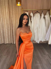 Orange Satin Mermaid Prom Dresses 2025 Sweetheart Neck Formal Gown with High Slit FD5259