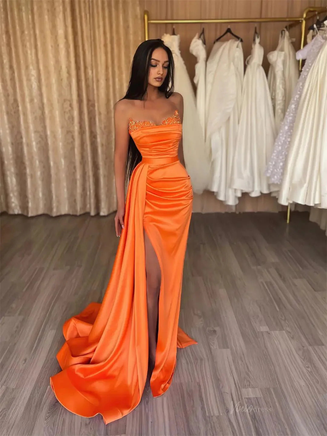 Orange Satin Mermaid Prom Dresses 2025 Sweetheart Neck Formal Gown with High Slit FD5259