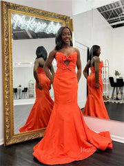 Orange Satin Mermaid Prom Dresses with Sweetheart Neckline & Bow - FD6010