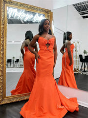 Orange Satin Mermaid Prom Dresses with Sweetheart Neckline & Bow - FD6010