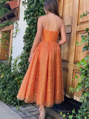 Orange Sequin Prom Dresses 2025 Strapless Homecoming Dresses with Pockets - TO0001