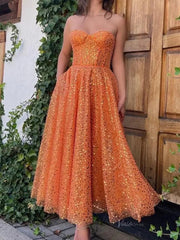 Orange Sequin Prom Dresses 2025 Strapless Homecoming Dresses with Pockets - TO0001