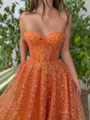 Orange Sequin Prom Dresses 2025 Strapless Homecoming Dresses with Pockets - TO0001