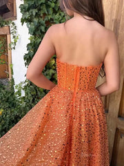 Orange Sequin Prom Dresses 2025 Strapless Homecoming Dresses with Pockets - TO0001