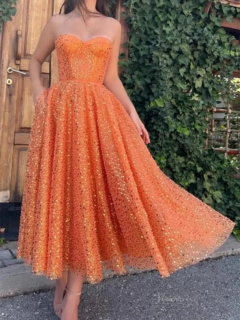 Orange Sequin Prom Dresses 2025 Strapless Homecoming Dresses with Pockets - TO0001