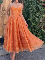 Orange Sequin Prom Dresses 2025 Strapless Homecoming Dresses with Pockets - TO0001