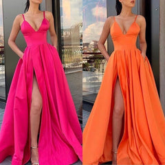 A Line Satin V Neck Burgundy 2024 Prom Dresses Spaghetti Straps