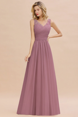 Modest Floral Lace A-line Bridesmaid Dress V-Neck Ruched Chiffon Wedding Guest Dress