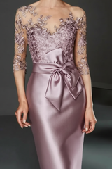 Bateau 3/4 Long Sleeves Satin Mother of the Bride Dresses with Lace