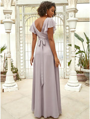 A-Line Evening Gown Vintage Dress Wedding Guest Floor Length Short Sleeve V Neck Chiffon with Ruffles