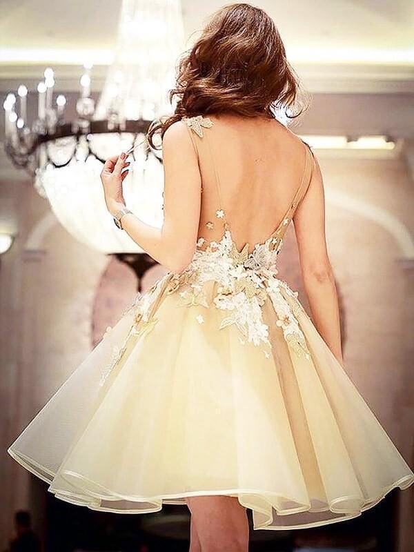 Organza Scoop Sleeveless A-line Short/Mini With Applique Dresses