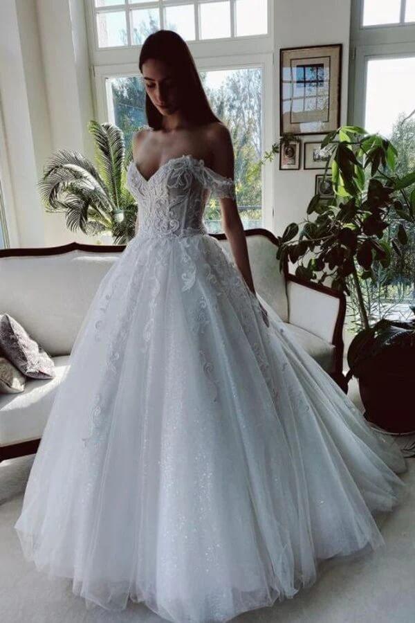 White Tulle A-line Off-the-Shoulder Beaded Lace Appliques Wedding Dresses TN312