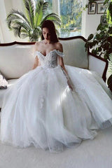 White Tulle A-line Off-the-Shoulder Beaded Lace Appliques Wedding Dresses TN312