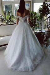 White Tulle A-line Off-the-Shoulder Beaded Lace Appliques Wedding Dresses TN312