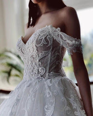 White Tulle A-line Off-the-Shoulder Beaded Lace Appliques Wedding Dresses TN312