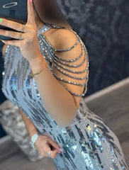 Mermaid / Trumpet Evening Gown Elegant Dress Masquerade Black Tie Floor Length Short Sleeve Jewel Neck Black Dress Sequined with Fringe Tassel
