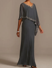 Sheath Mother of the Bride Dress Cape Dress Wedding Guest Elegant V Neck Floor Length Chiffon Half Sleeve with Beading