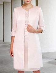 Aimishang Two Piece Sheath / Column Mother of the Bride Dress Church Elegant Winter With Jacket Half Sleeve Scoop Neck Knee Length Satin Lace Side-Draped