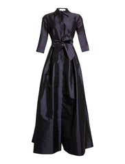 A-Line Evening Gown Elegant Dress Wedding Guest Floor Length 3/4 Length Sleeve Shirt Collar Pocket Taffeta with Pocket Strappy