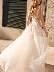 Wholesale Beach Boho Wedding Dresses A-Line Boat Neck Sleeveless Floor Length Organza Bridal Gowns With Flower Solid Color