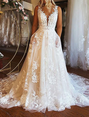 Engagement Formal Wedding Dresses A-Line V Neck Sleeveless Chapel Train Lace Bridal Gowns With Appliques