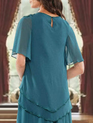 Aimishang A-Line Mother of the Bride Dress Formal Wedding Guest Elegant Jewel Neck Floor Length Chiffon Short Sleeve with Pleats Beading