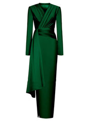 Wholesale A-Line Evening Black Dress Christmas Elegant Dress Formal Ankle Length Long Sleeve V Neck Satin with Ruched Slit