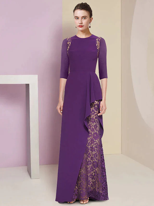 A-Line Mother of the Bride Dress Formal Elegant Scoop Neck Sweep / Brush Train Lace Stretch Fabric Half Sleeve with Pleats